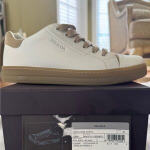 Prada White Leather and Tan Suede Sneakers